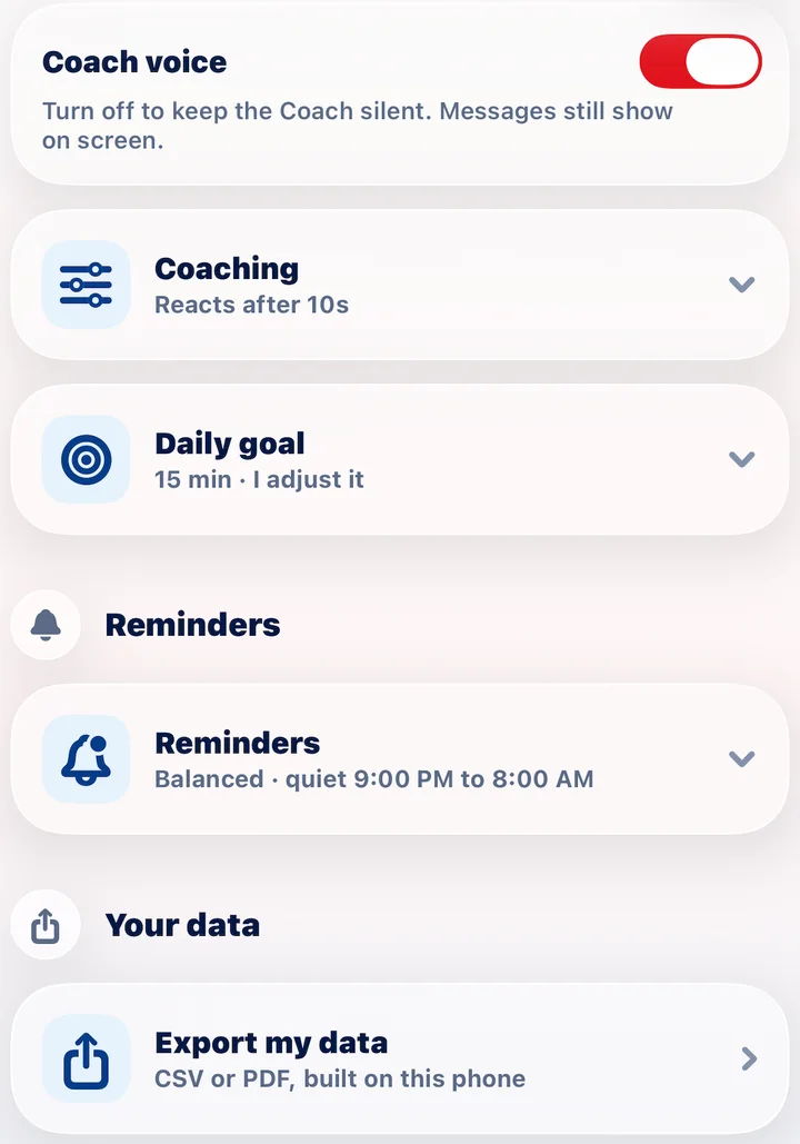 VerteGuard Coach settings: Coach voice switched on, coaching reacts after 10 seconds, a 15 minute daily goal, balanced reminders with quiet hours, and export as CSV or PDF