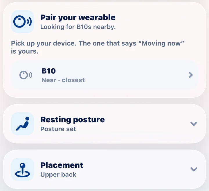 Pairing in VerteGuard: pick up your device, the one that says Moving now is yours, then resting posture set and placement on the upper back