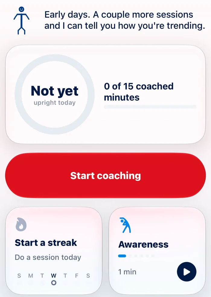 The VerteGuard Today screen with a note from the Coach, upright today, coached minutes, a Start coaching button, a streak card and the Awareness exercise