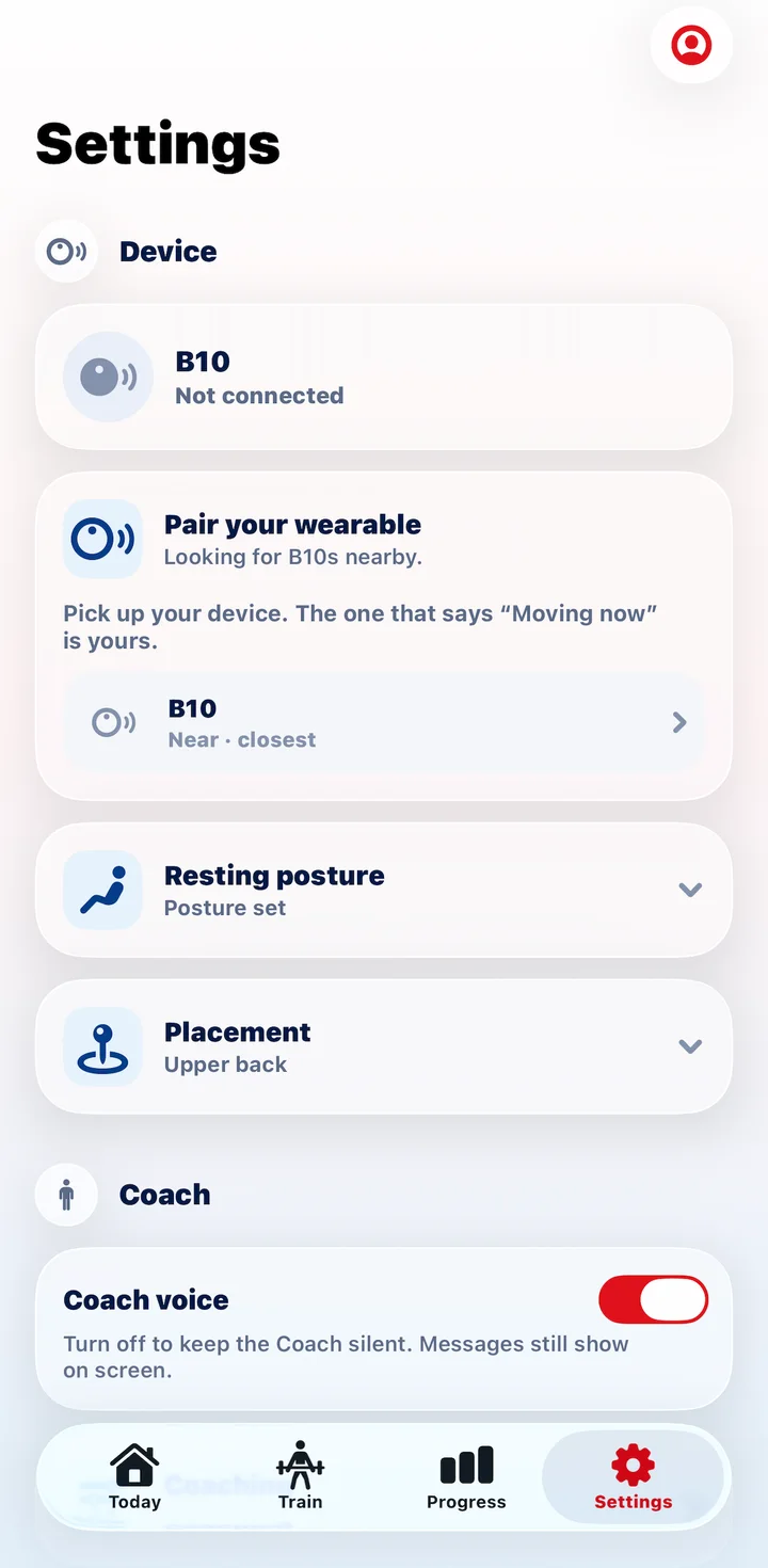 VerteGuard Settings for the B10: pair your wearable, resting posture set and placement on the upper back
