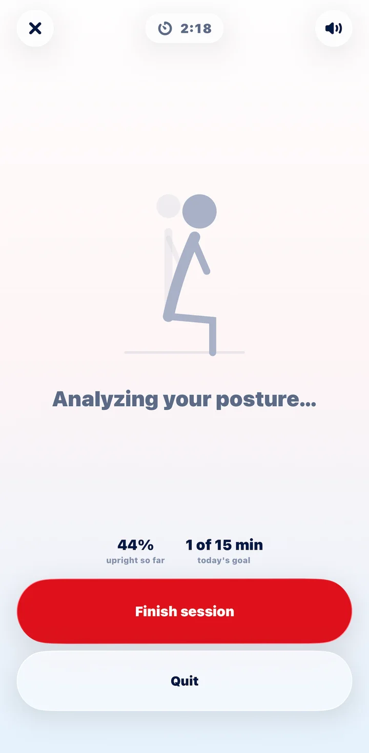 VerteGuard live session reading Analyzing your posture, with the session timer and today's goal